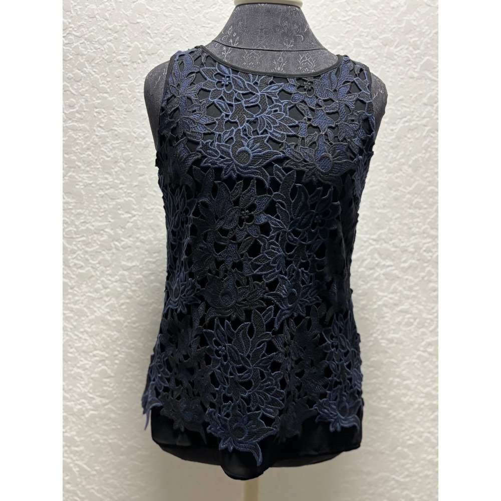 White House Black‎ Market Navy Blue Lace Overlay Sleeveless Top Size 0